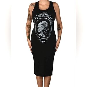 Pinky Star Black Lolita Skeleton Cameo Racer goth Black midi Dress Plus 3X